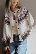 White Geometric Pattern Brushed Knit Button Cardigan