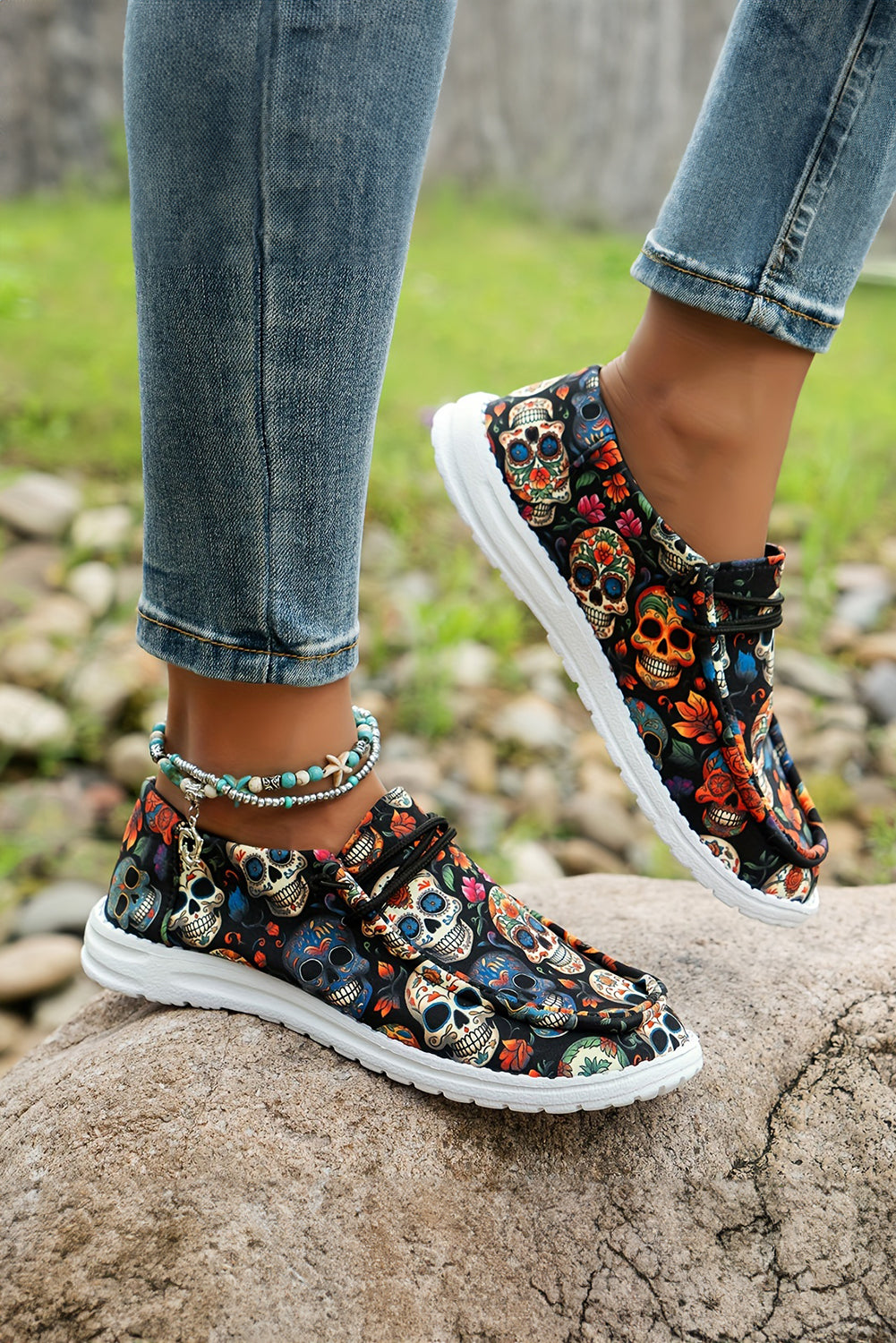 Dark Blue Sugar Skull Print Lace-up Detail Halloween Flat Shoes