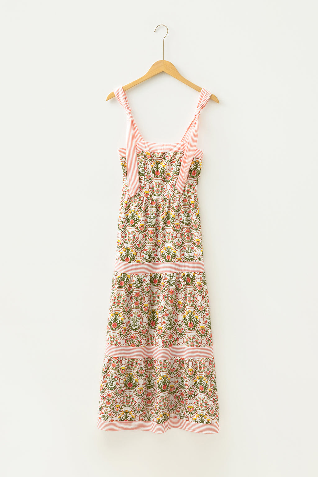 Pink Geometric Floral Print Striped Patchwork Detail Sleeveless Dress（Runs Small ）