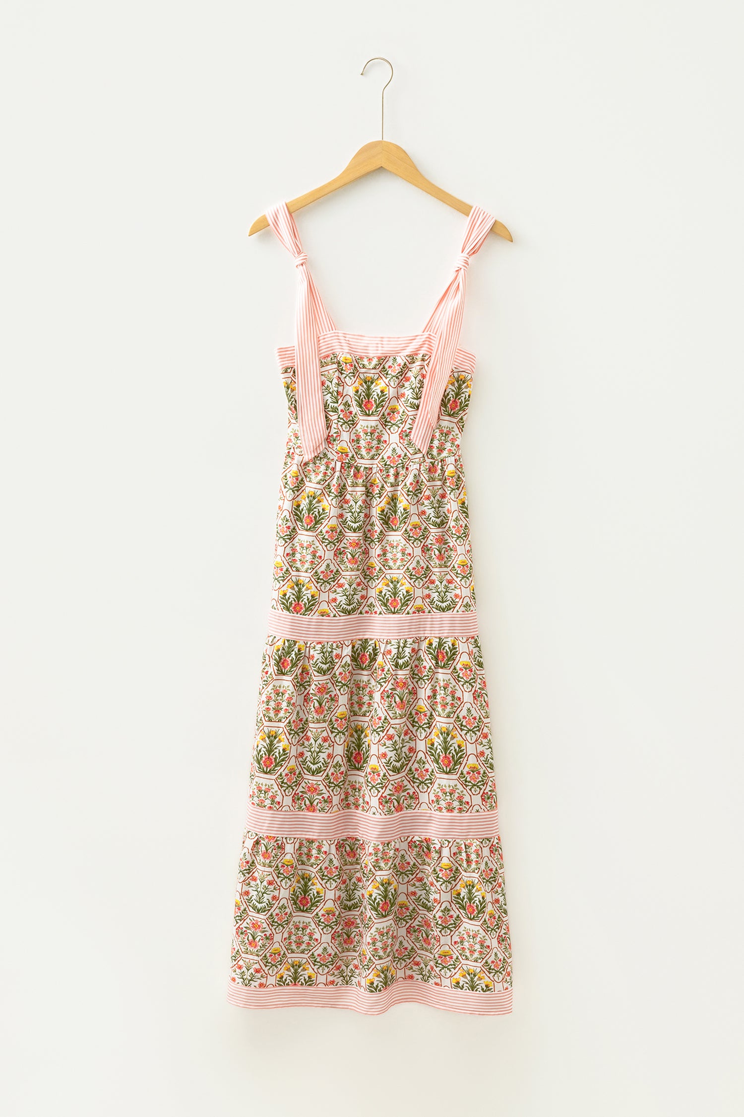 Pink Geometric Floral Print Striped Patchwork Detail Sleeveless Dress（Runs Small ）