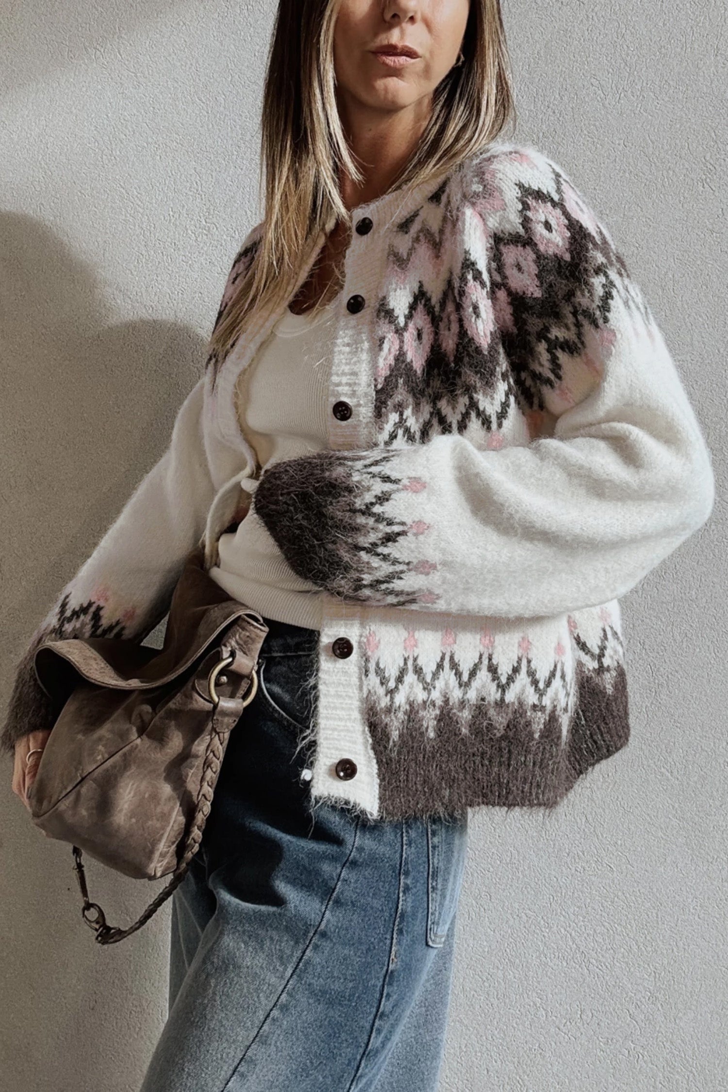 White Geometric Pattern Brushed Knit Button Cardigan