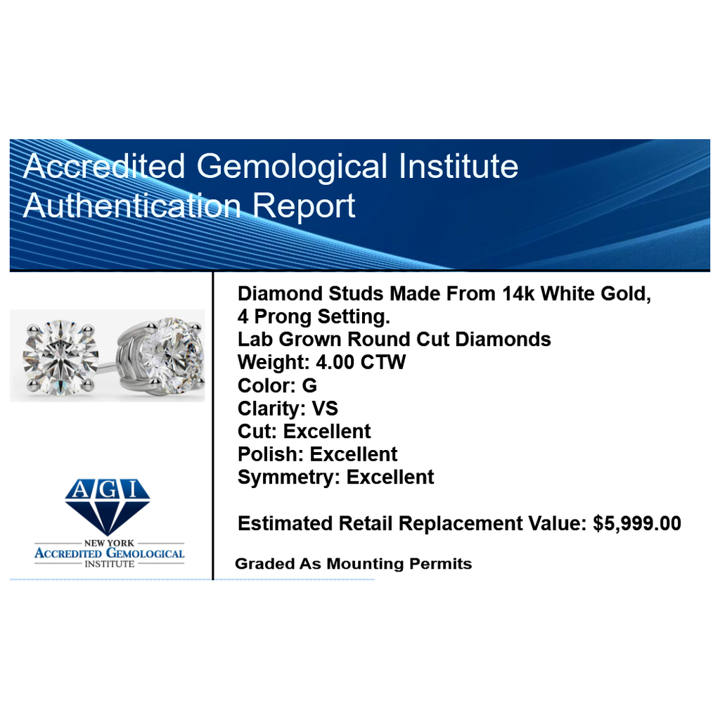 400 CTW AGI Certified Lab Grown Diamond Stud Earrings 400 CTW AGI Certified Lab Grown Diamond Stud Earrings
