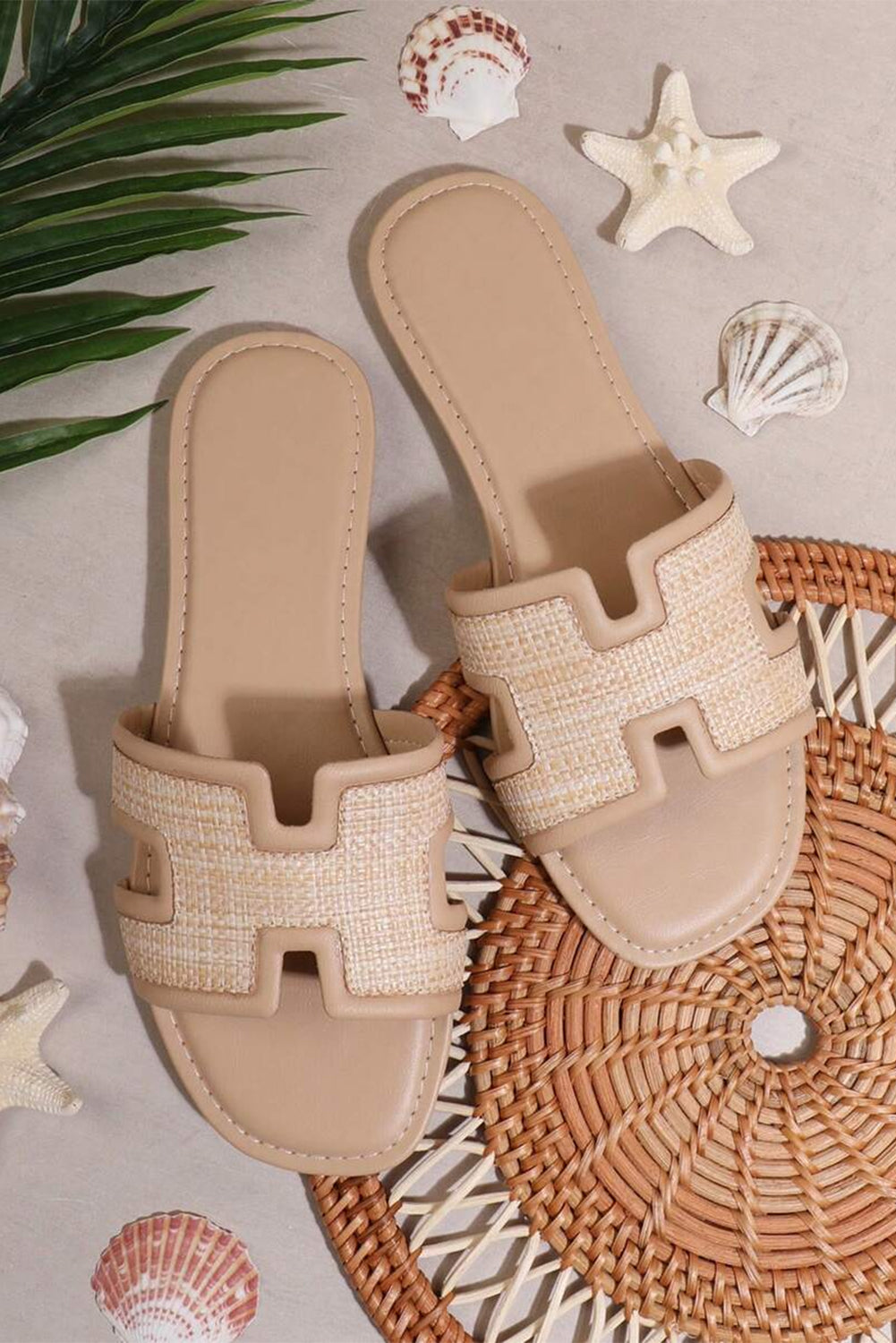White Faux Raffia Detail Hollowed Open Toe Slippers