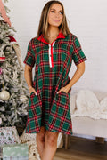 Green Plaid Button Front Short Sleeve Shift Dress