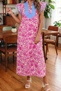 Pink Floral Print Color Block Patchwork V Neck Short Sleeve Midi Dress