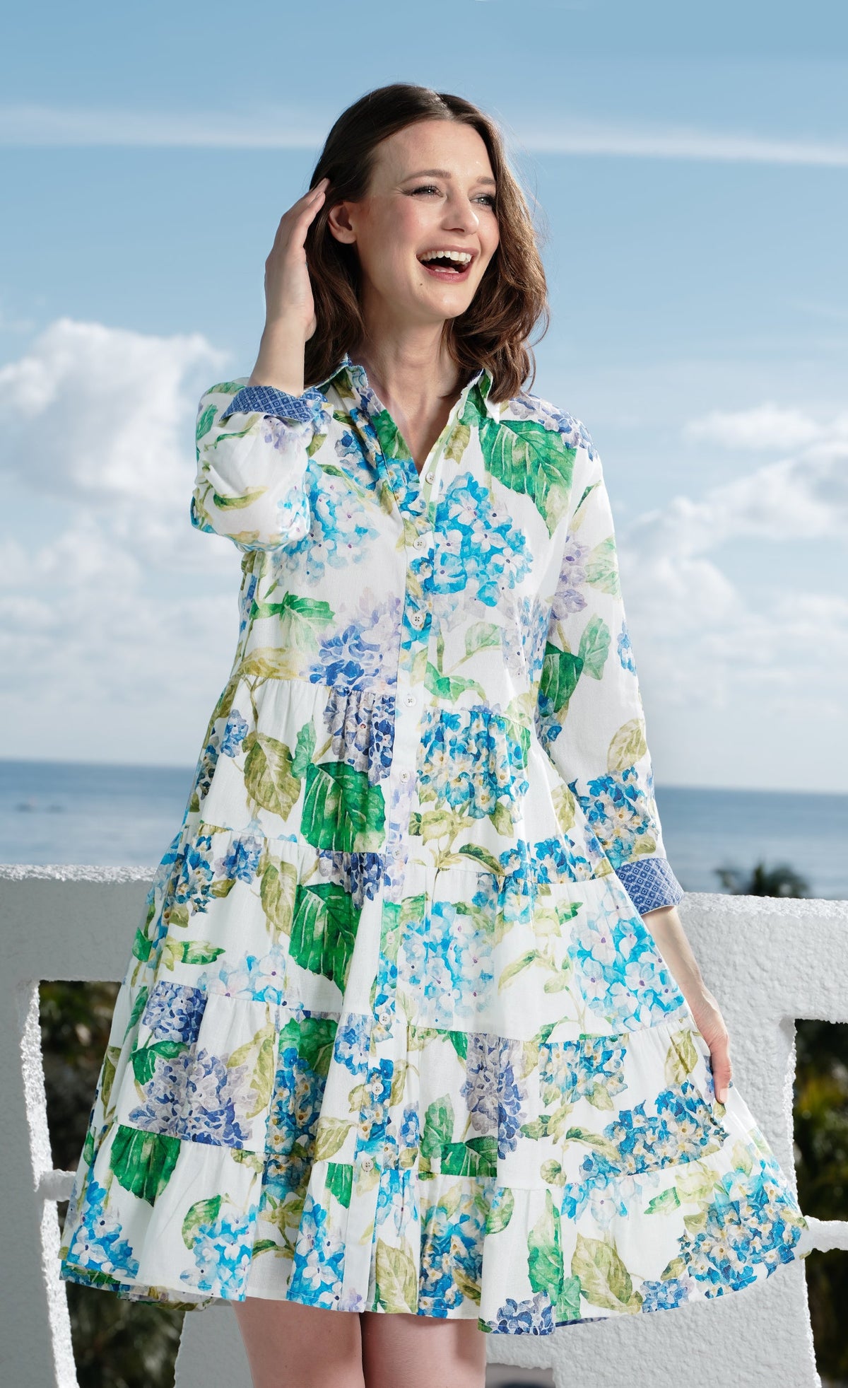Delray Dress Linen Cotton Hydrangeas Print