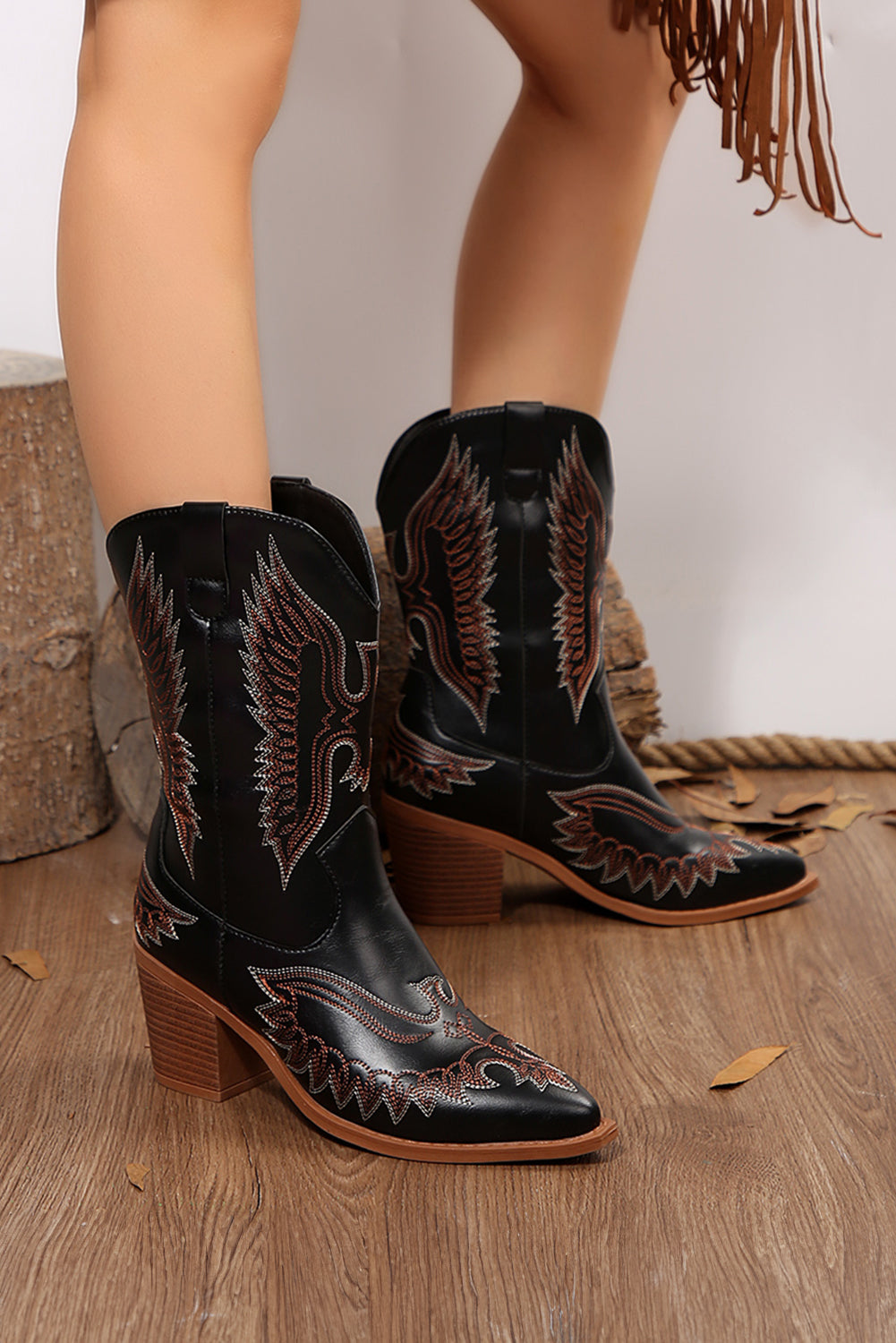 Black Western Eagle Embroidered Faux Leather Boots