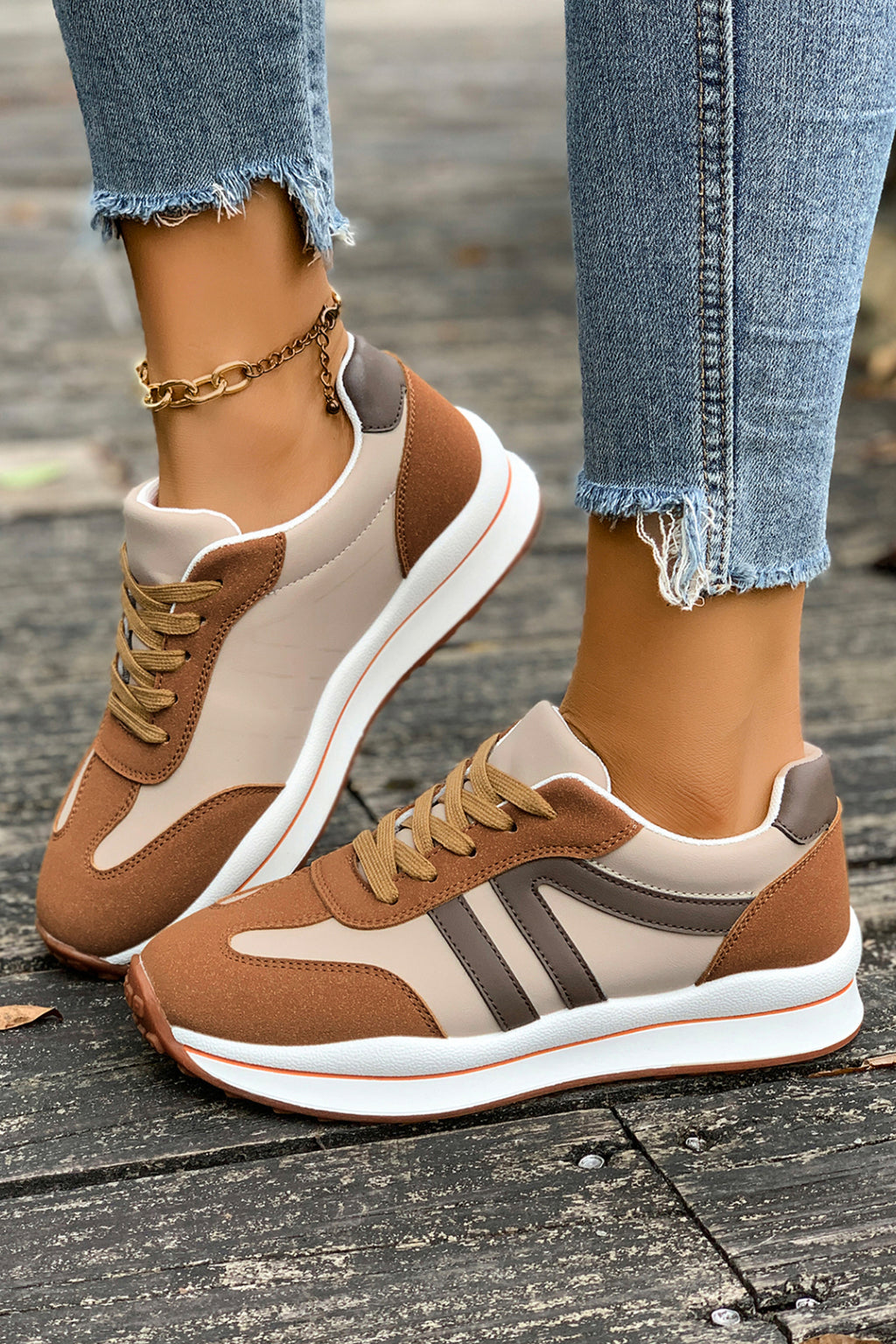 Brown Varsity Color Block Patchwork Lace-up Pu Leather Sneakers