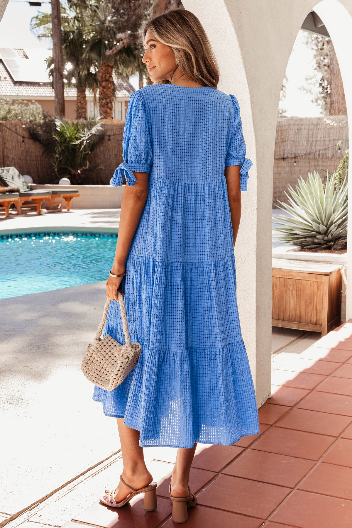Yellow Gingham Textured Bow Tie Short Sleeve Tiered Midi Dress