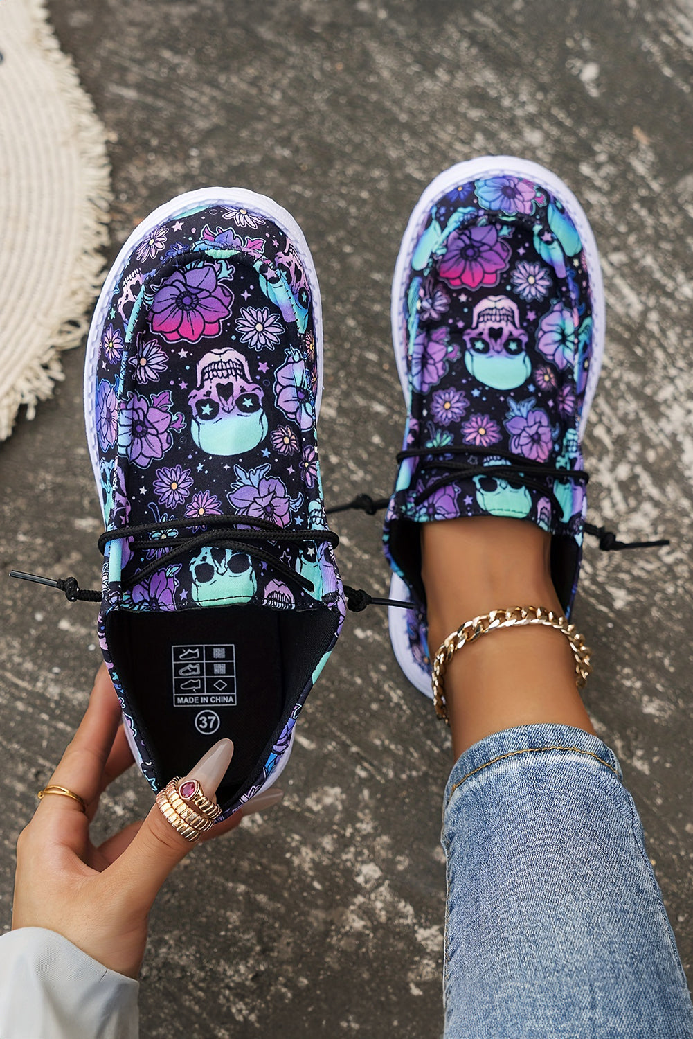 Dark Blue Sugar Skull Print Lace-up Detail Halloween Flat Shoes