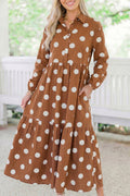 Brown Polka Dot Button Front Long Sleeve Shift Dress