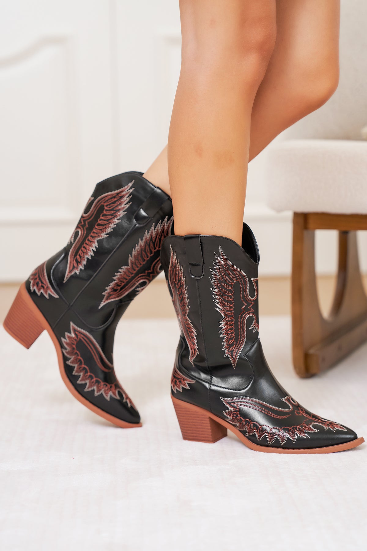 Black Western Eagle Embroidered Faux Leather Boots