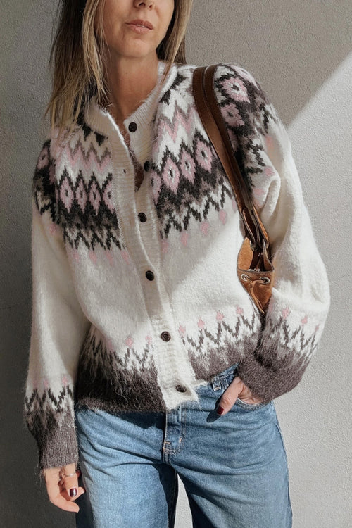 White Geometric Pattern Brushed Knit Button Cardigan