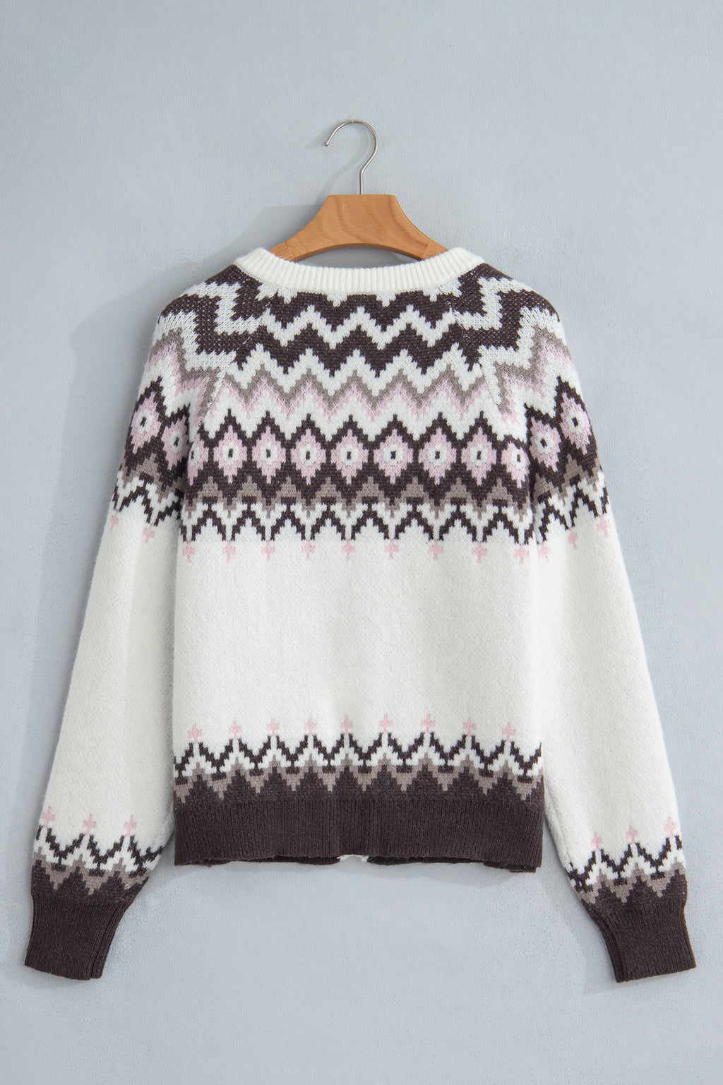 White Geometric Pattern Brushed Knit Button Cardigan