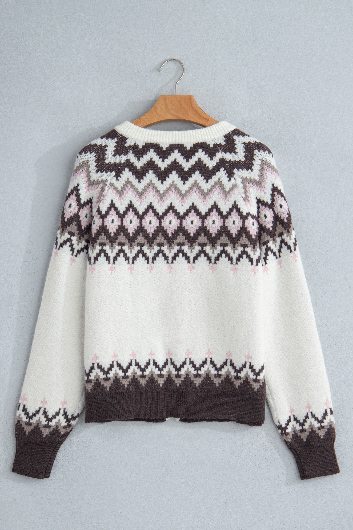 White Geometric Pattern Brushed Knit Button Cardigan