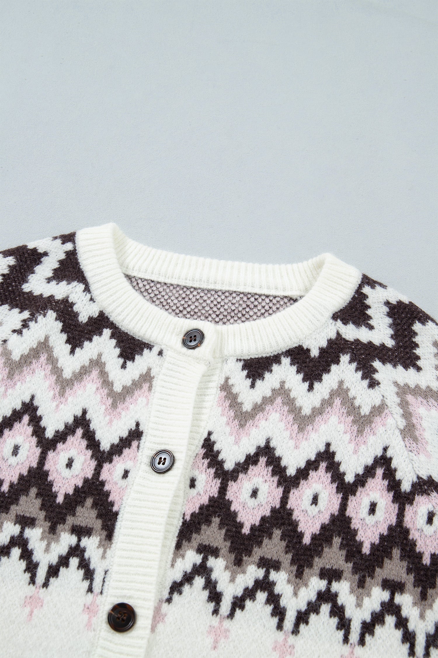 White Geometric Pattern Brushed Knit Button Cardigan