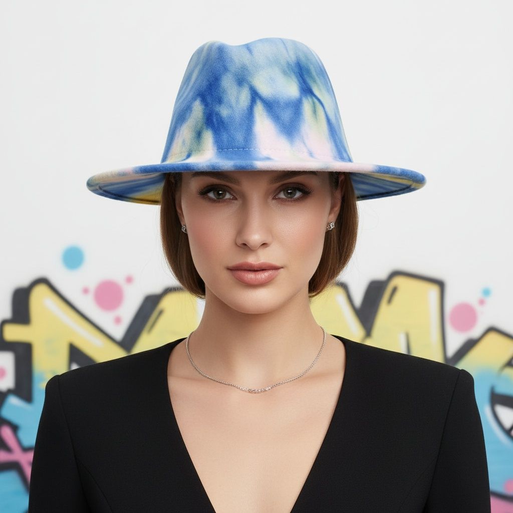 Women’s Fedora Hat Tie Dye Blue Pink Yellow Trendy Fashion Accessory