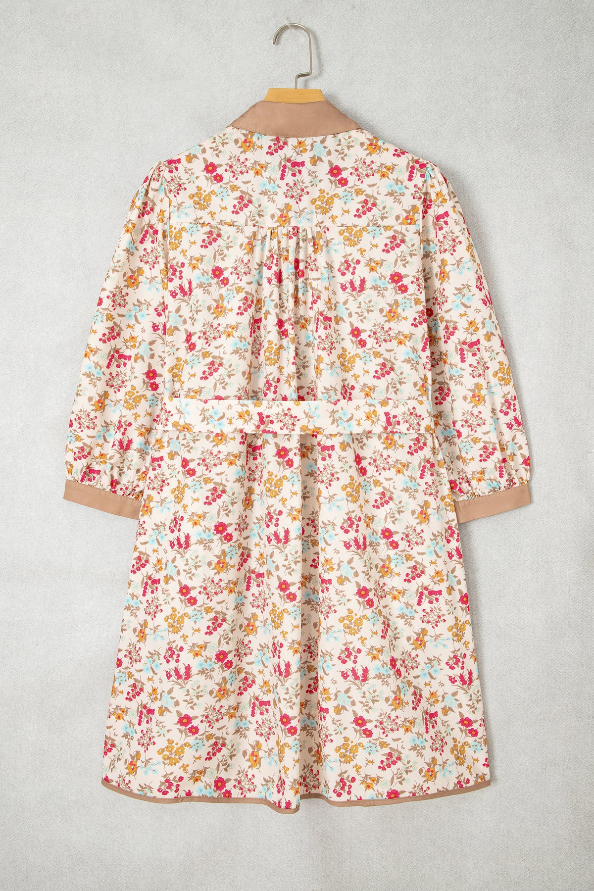 Orange Floral Print Color Block Trim Button Down 3/4 Sleeve Belted Mini Dress