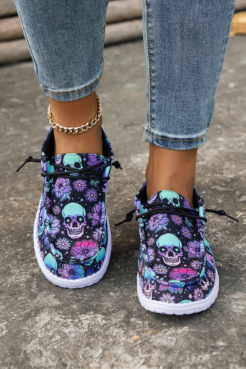 Dark Blue Sugar Skull Print Lace-up Detail Halloween Flat Shoes
