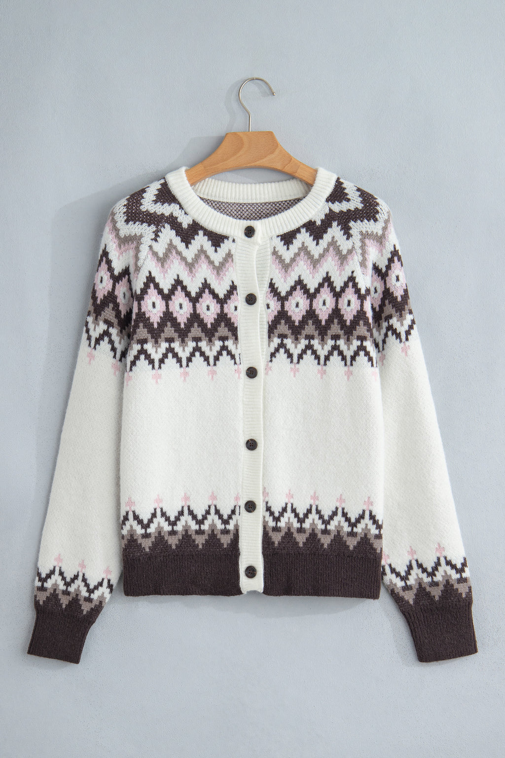 White Geometric Pattern Brushed Knit Button Cardigan