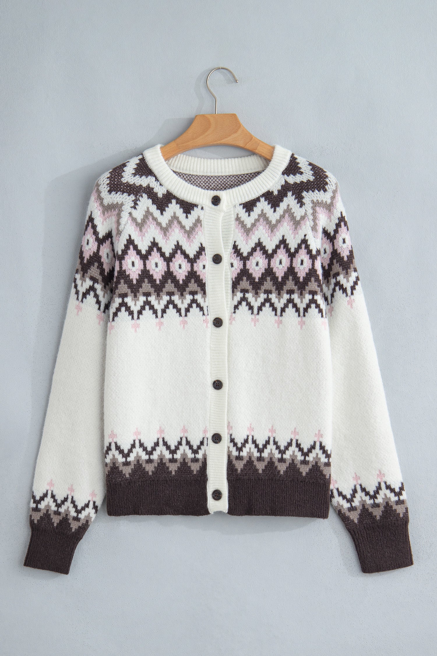 White Geometric Pattern Brushed Knit Button Cardigan