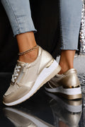 Gold Pu Leather Patchwork Zipper Lace-up Sneakers