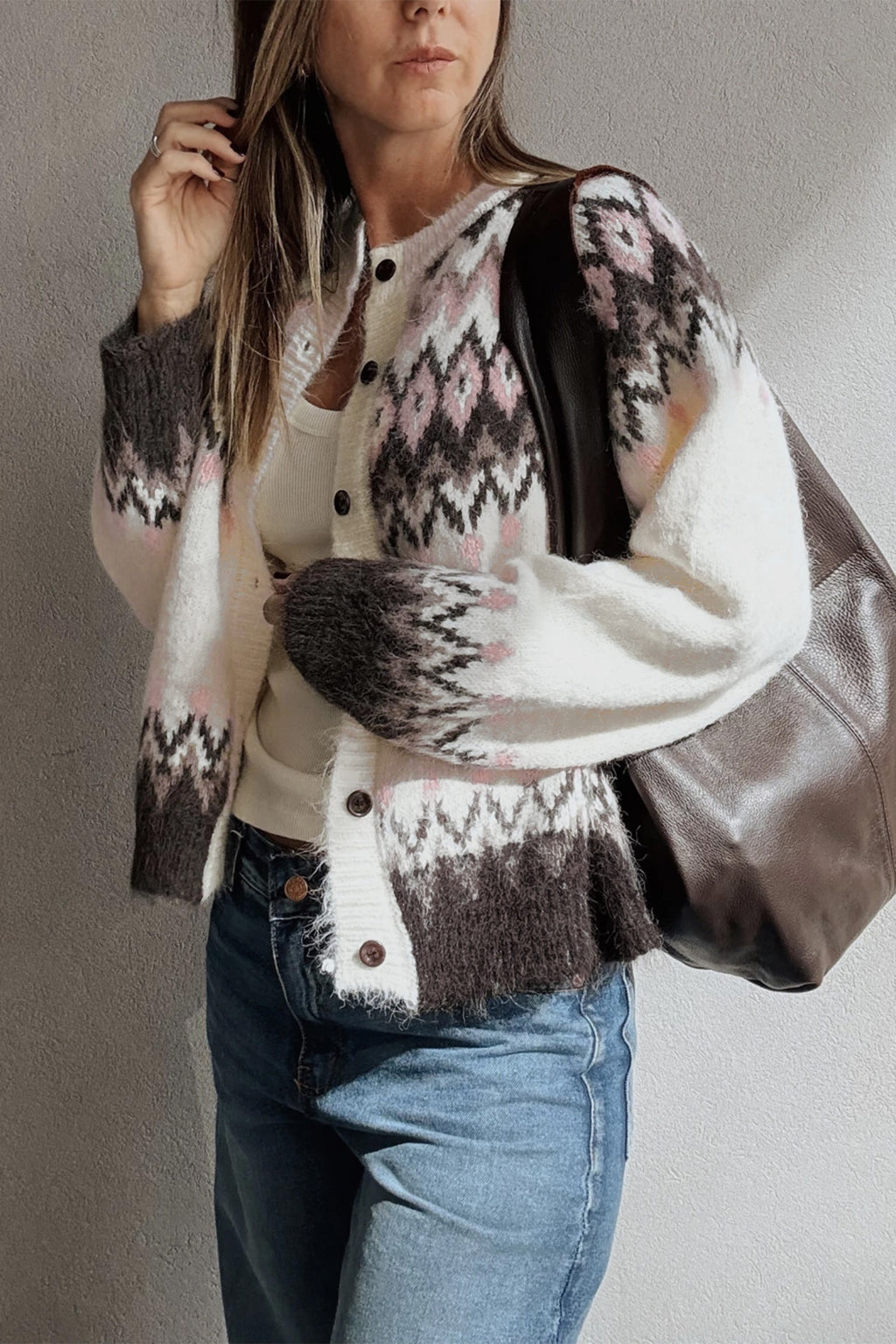 White Geometric Pattern Brushed Knit Button Cardigan